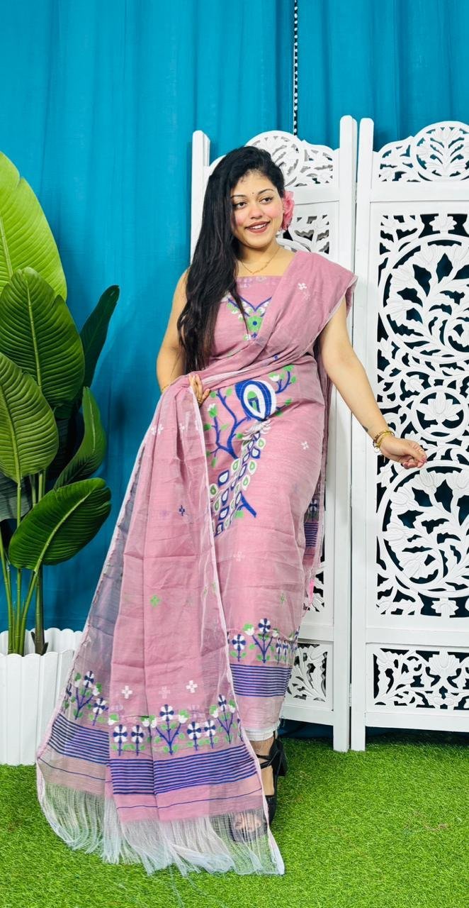 Unstitched Soft 2 Piece Jamdani Churidar - Pink Rose 3 Unstitched Soft 2 Piece Jamdani Churidar - Pink Rose - Image 3