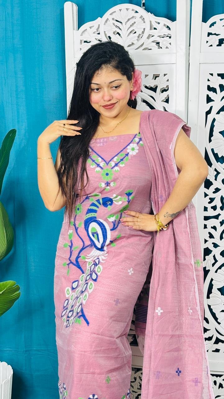 Unstitched Soft 2 Piece Jamdani Churidar - Pink Rose 2 Unstitched Soft 2 Piece Jamdani Churidar - Pink Rose - Image 2