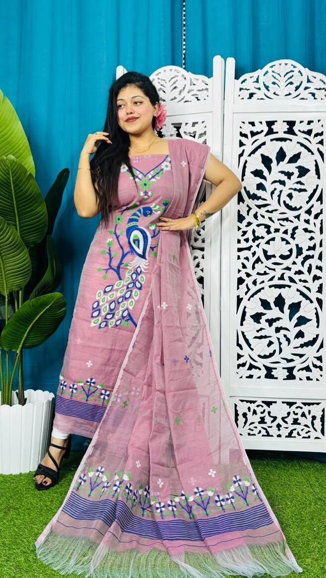 Unstitched Soft 2 Piece Jamdani Churidar - Pink Rose 1 Unstitched Soft 2 Piece Jamdani Churidar - Pink Rose