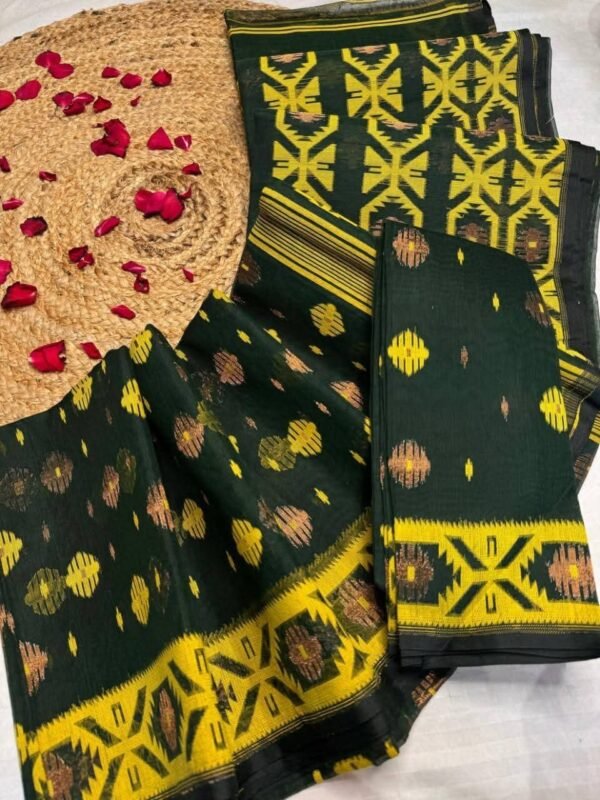 Barfi Buti Soft Dhakai Jamdani Sari with Blouse Piece - Bottle Green