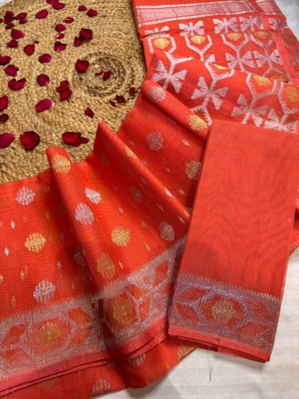 Barfi Buti Soft Dhakai Jamdani Sari with Blouse Piece - Orange Red