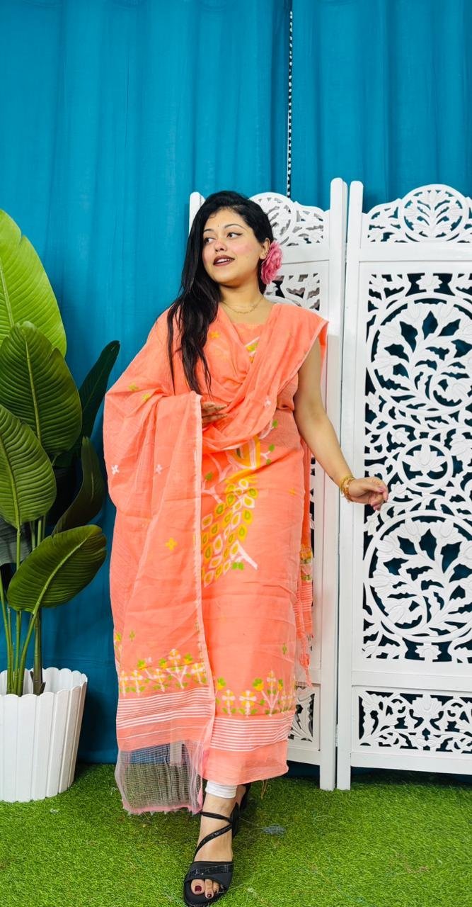 Unstitched Soft 2 Piece Jamdani Churidar - Salmon 3 Unstitched Soft 2 Piece Jamdani Churidar - Salmon - Image 3