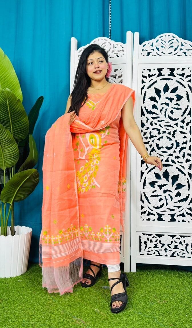 Unstitched Soft 2 Piece Jamdani Churidar - Salmon 1 Unstitched Soft 2 Piece Jamdani Churidar - Salmon