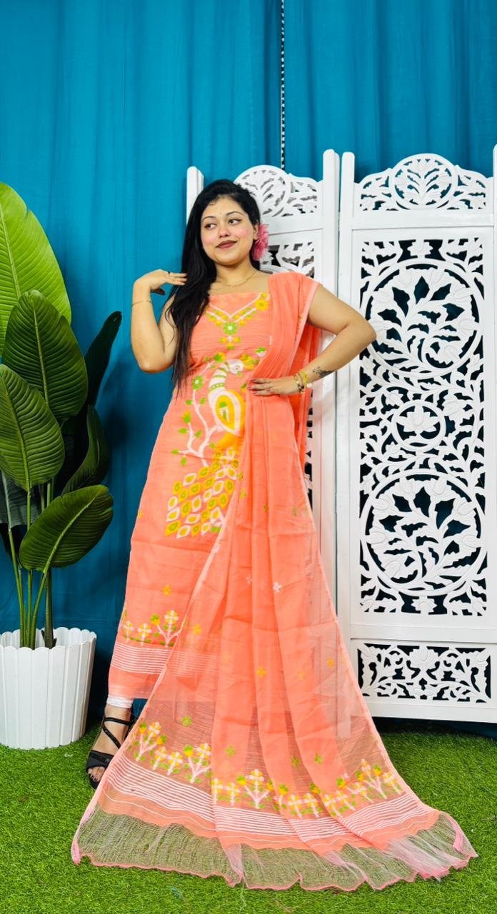 Unstitched Soft 2 Piece Jamdani Churidar - Salmon 4 Unstitched Soft 2 Piece Jamdani Churidar - Salmon - Image 4