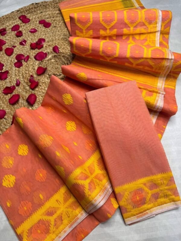 Home 31 Barfi Buti Soft Dhakai Jamdani Sari with Blouse Piece - Salmon