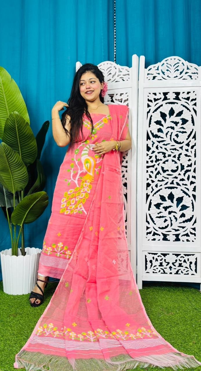 Unstitched Soft 2 Piece Jamdani Churidar - Salmon Pink 4 Unstitched Soft 2 Piece Jamdani Churidar - Salmon Pink - Image 4