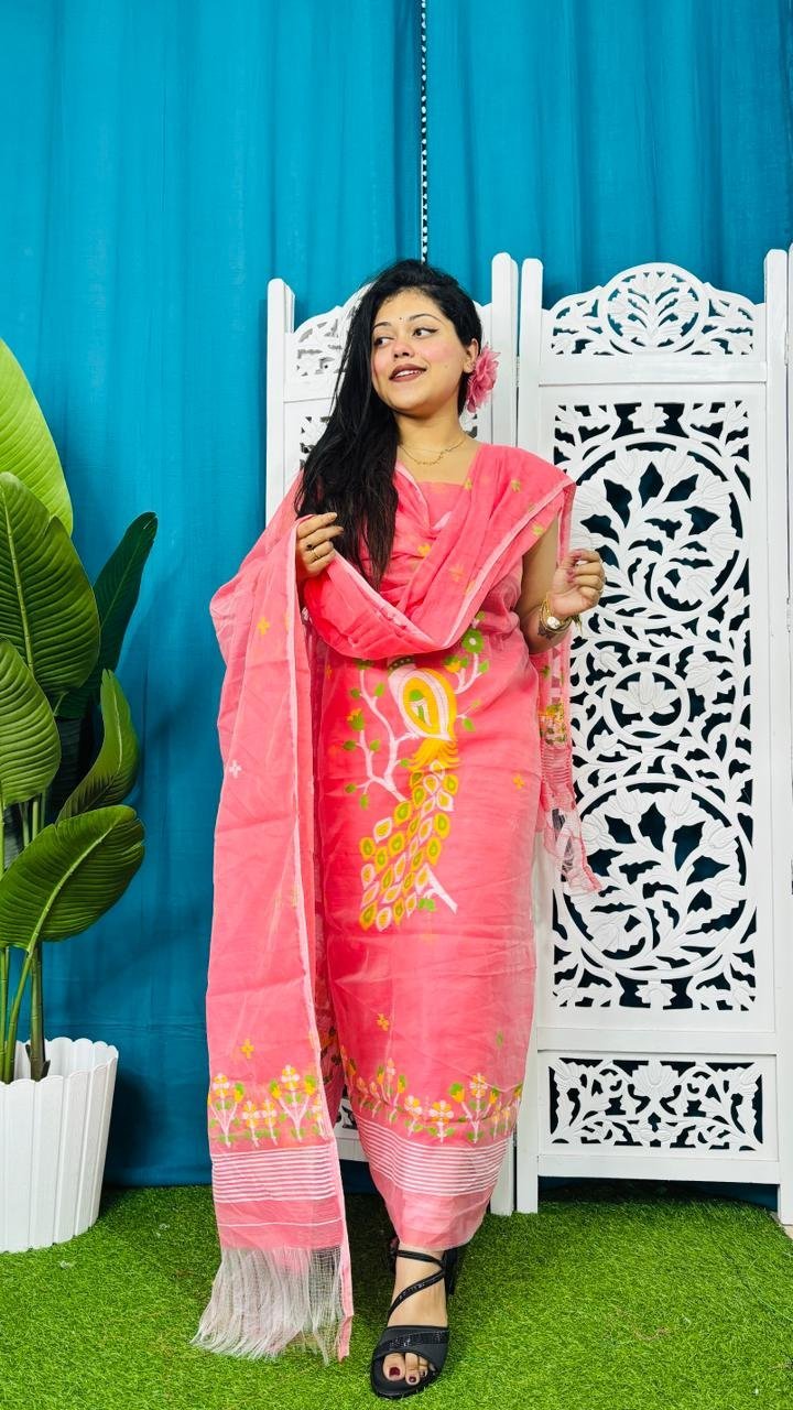 Unstitched Soft 2 Piece Jamdani Churidar - Salmon Pink 3 Unstitched Soft 2 Piece Jamdani Churidar - Salmon Pink - Image 3