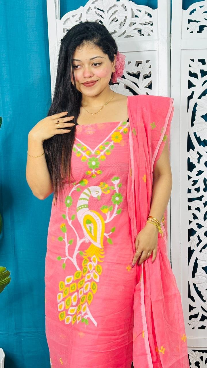 Unstitched Soft 2 Piece Jamdani Churidar - Salmon Pink 2 Unstitched Soft 2 Piece Jamdani Churidar - Salmon Pink - Image 2