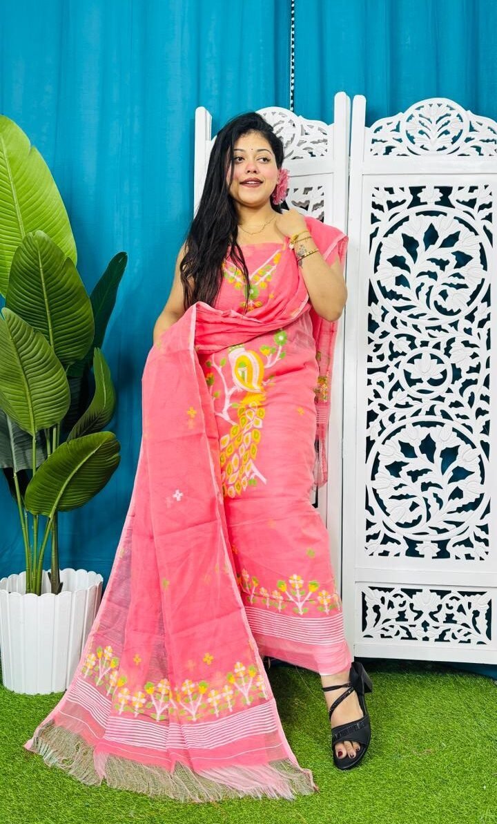 Unstitched Soft 2 Piece Jamdani Churidar - Salmon Pink 1 Unstitched Soft 2 Piece Jamdani Churidar - Salmon Pink