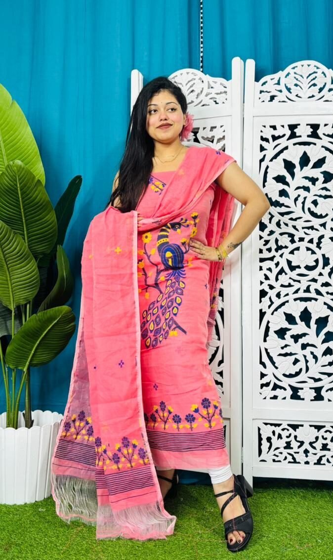 Unstitched Soft 2 Piece Jamdani Churidar - Salmon Pink 1 Unstitched Soft 2 Piece Jamdani Churidar - Salmon Pink