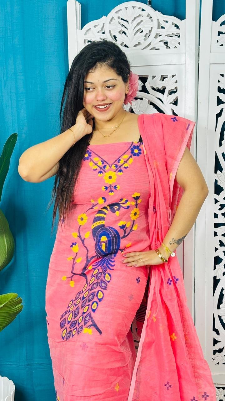 Unstitched Soft 2 Piece Jamdani Churidar - Salmon Pink 2 Unstitched Soft 2 Piece Jamdani Churidar - Salmon Pink - Image 2