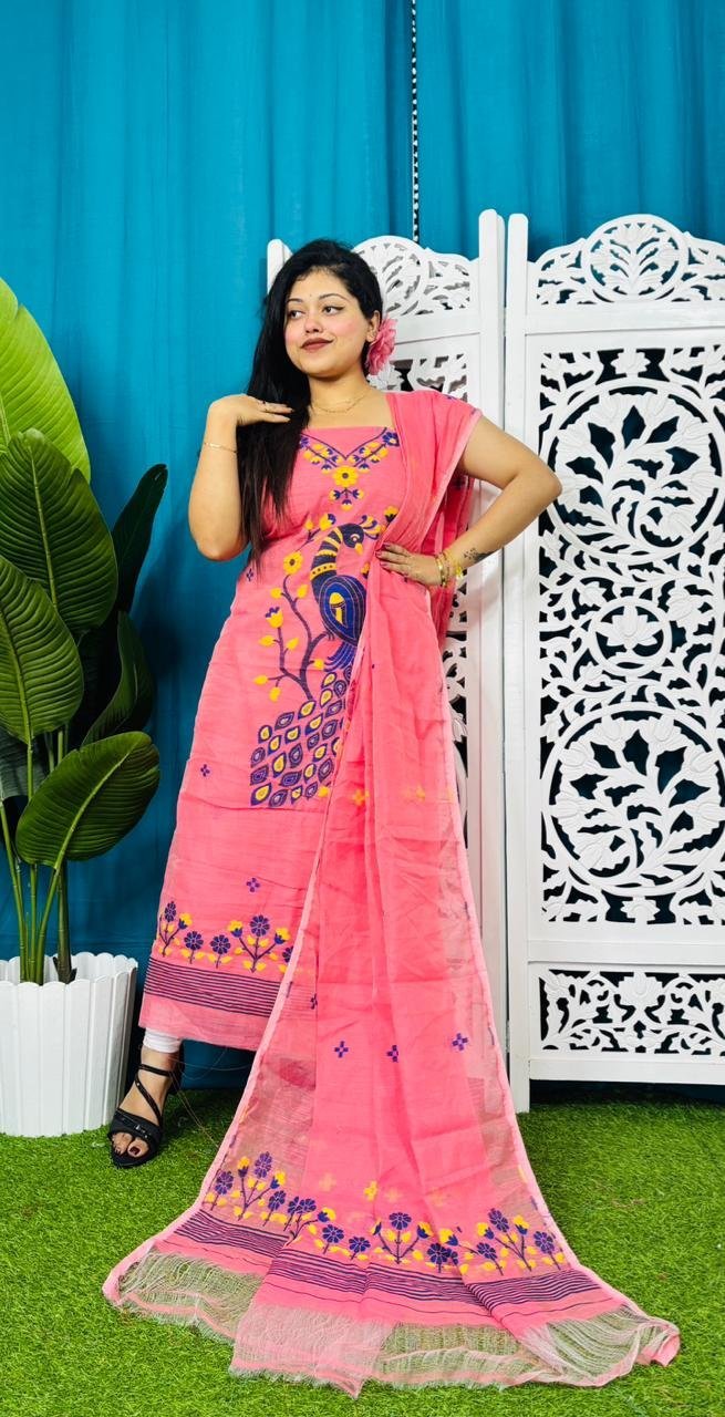 Unstitched Soft 2 Piece Jamdani Churidar - Salmon Pink 3 Unstitched Soft 2 Piece Jamdani Churidar - Salmon Pink - Image 3
