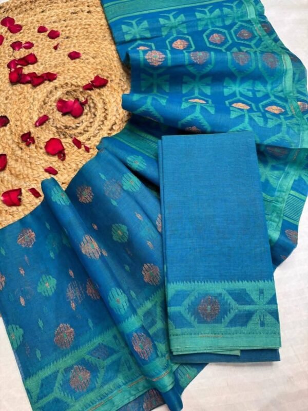 Barfi Buti Soft Dhakai Jamdani Sari with Blouse Piece - Sky Blue