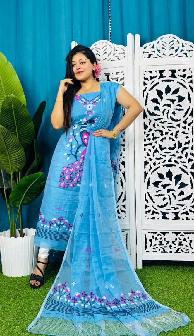 Unstitched Soft 2 Piece Jamdani Churidar - Sky Blue 1 Unstitched Soft 2 Piece Jamdani Churidar - Sky Blue