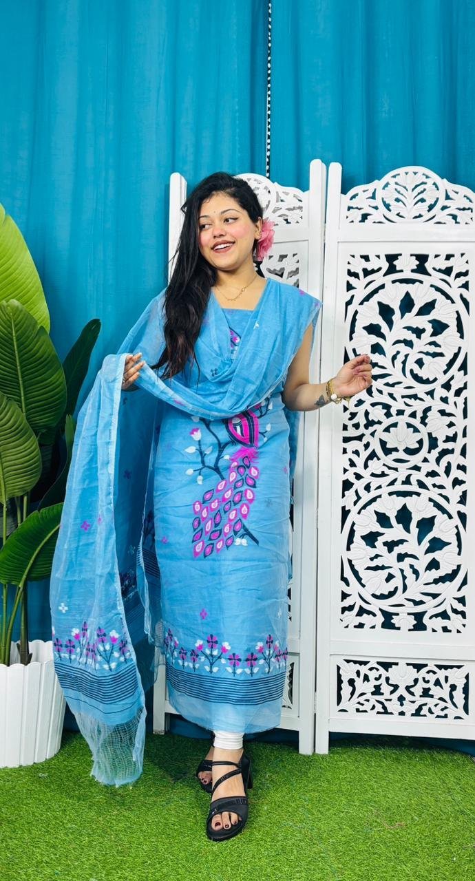Unstitched Soft 2 Piece Jamdani Churidar - Sky Blue 3 Unstitched Soft 2 Piece Jamdani Churidar - Sky Blue - Image 3
