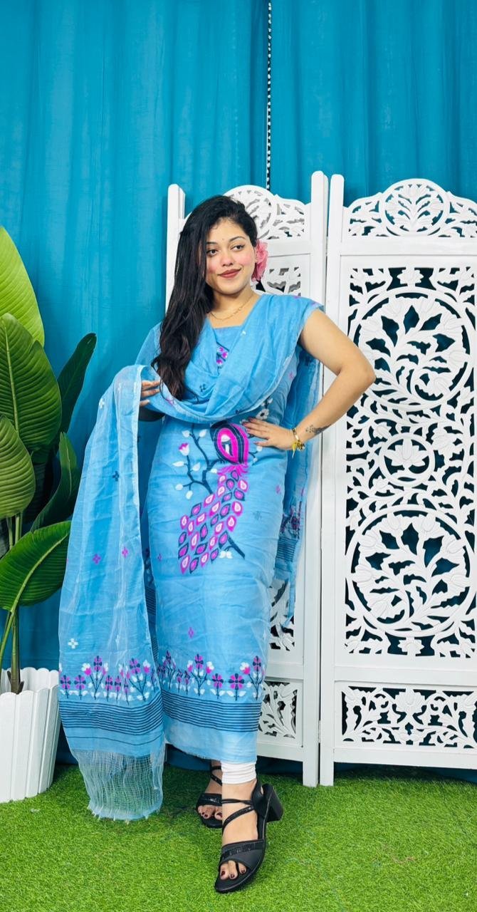 Unstitched Soft 2 Piece Jamdani Churidar - Sky Blue 4 Unstitched Soft 2 Piece Jamdani Churidar - Sky Blue - Image 4