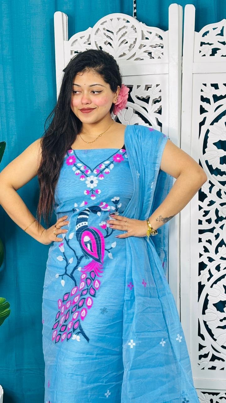 Unstitched Soft 2 Piece Jamdani Churidar - Sky Blue 2 Unstitched Soft 2 Piece Jamdani Churidar - Sky Blue - Image 2