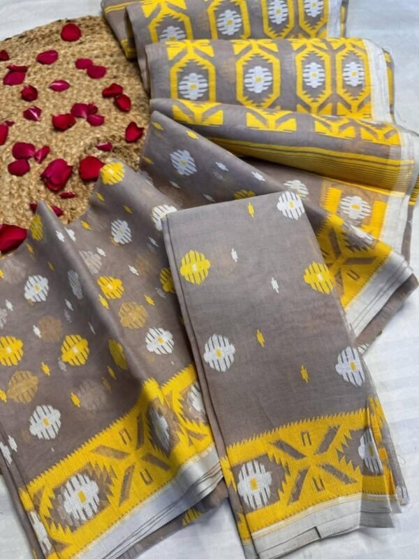 Barfi Buti Soft Dhakai Jamdani Sari with Blouse Piece - Warm Grey