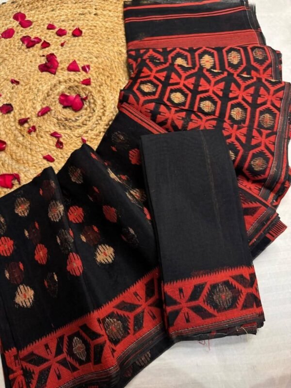Barfi Buti Soft Dhakai Jamdani Sari with Blouse Piece - Black