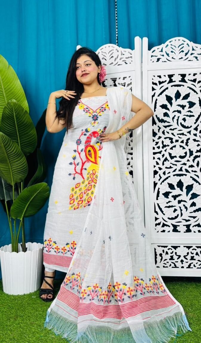 Unstitched Soft 2 Piece Jamdani Churidar - White 1 Unstitched Soft 2 Piece Jamdani Churidar - White
