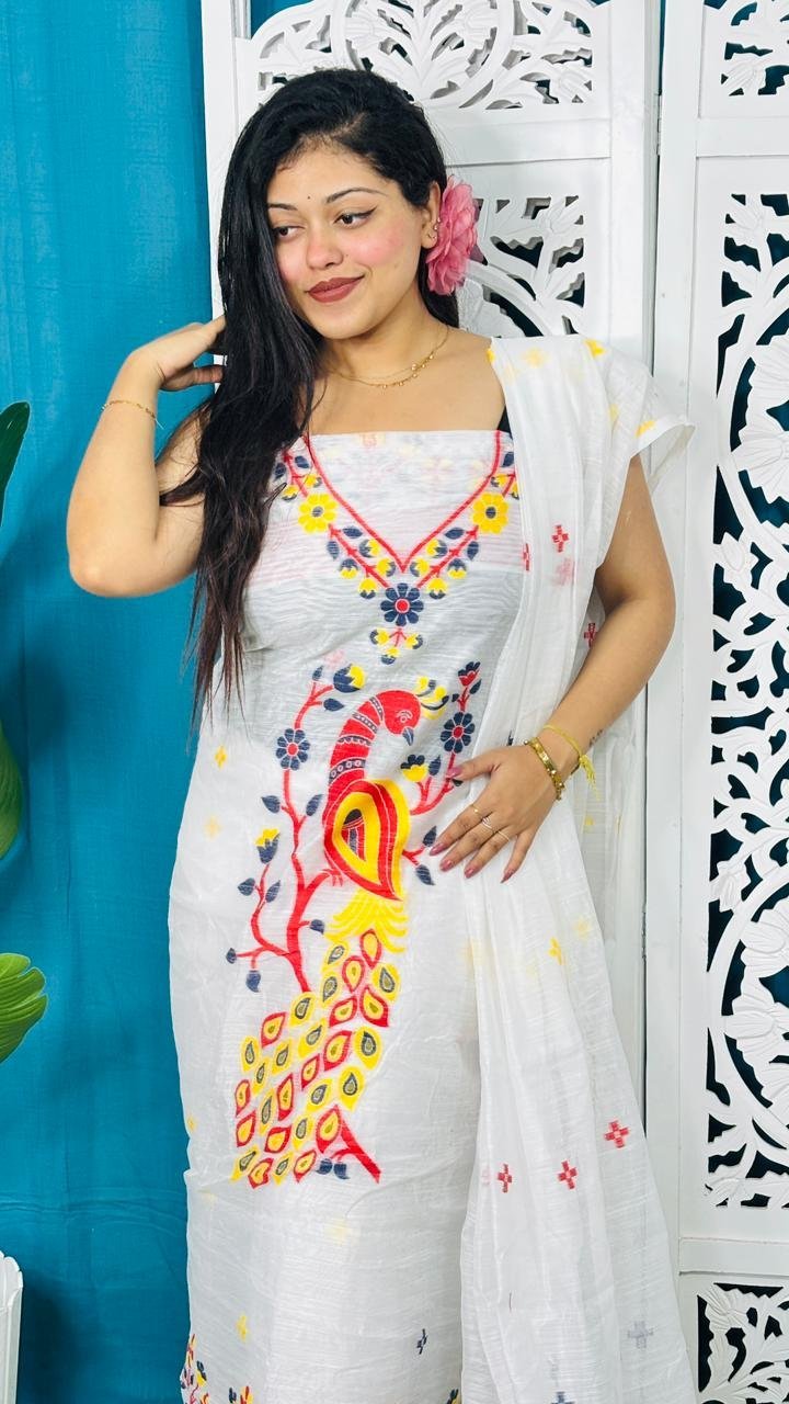 Unstitched Soft 2 Piece Jamdani Churidar - White 2 Unstitched Soft 2 Piece Jamdani Churidar - White - Image 2