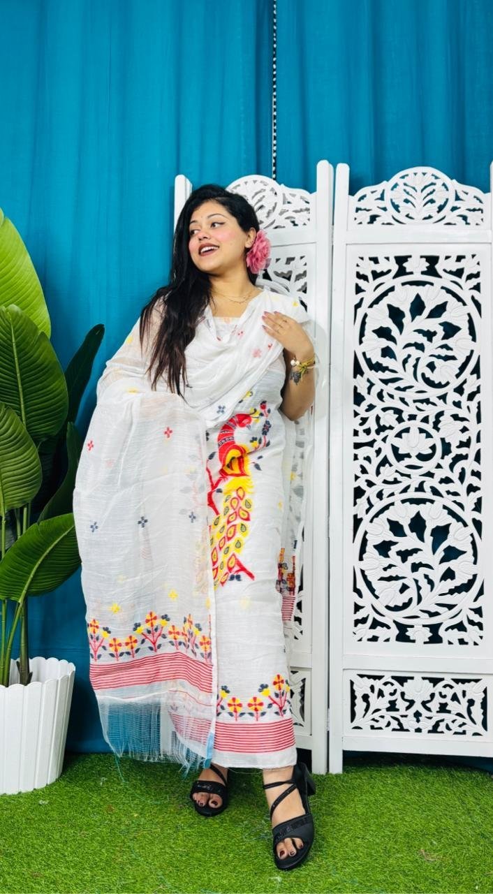 Unstitched Soft 2 Piece Jamdani Churidar - White 3 Unstitched Soft 2 Piece Jamdani Churidar - White - Image 3