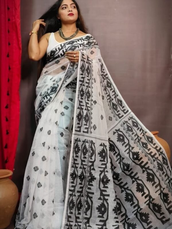 White Black Maslin Type Jamdani Sari
