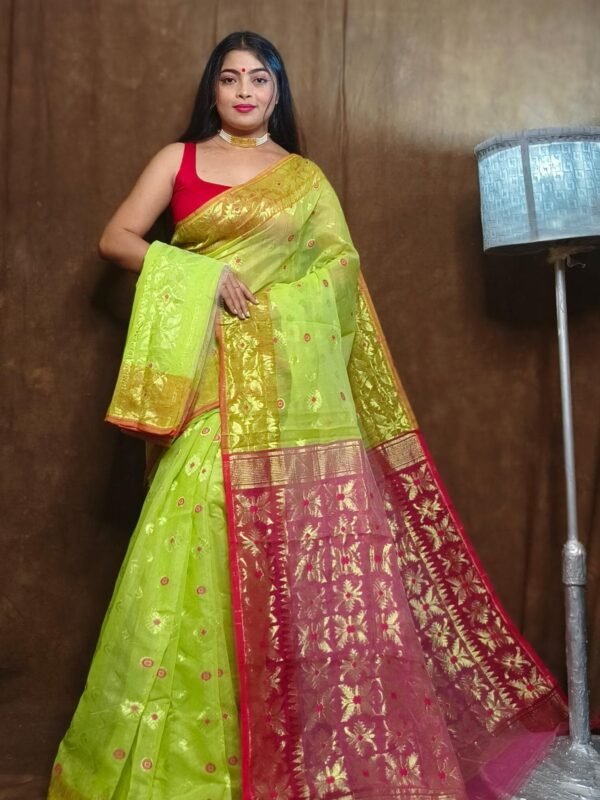 Avocado Green Soft Copper Joriwork Dhakai Jamdani Saree 1 scaled 1