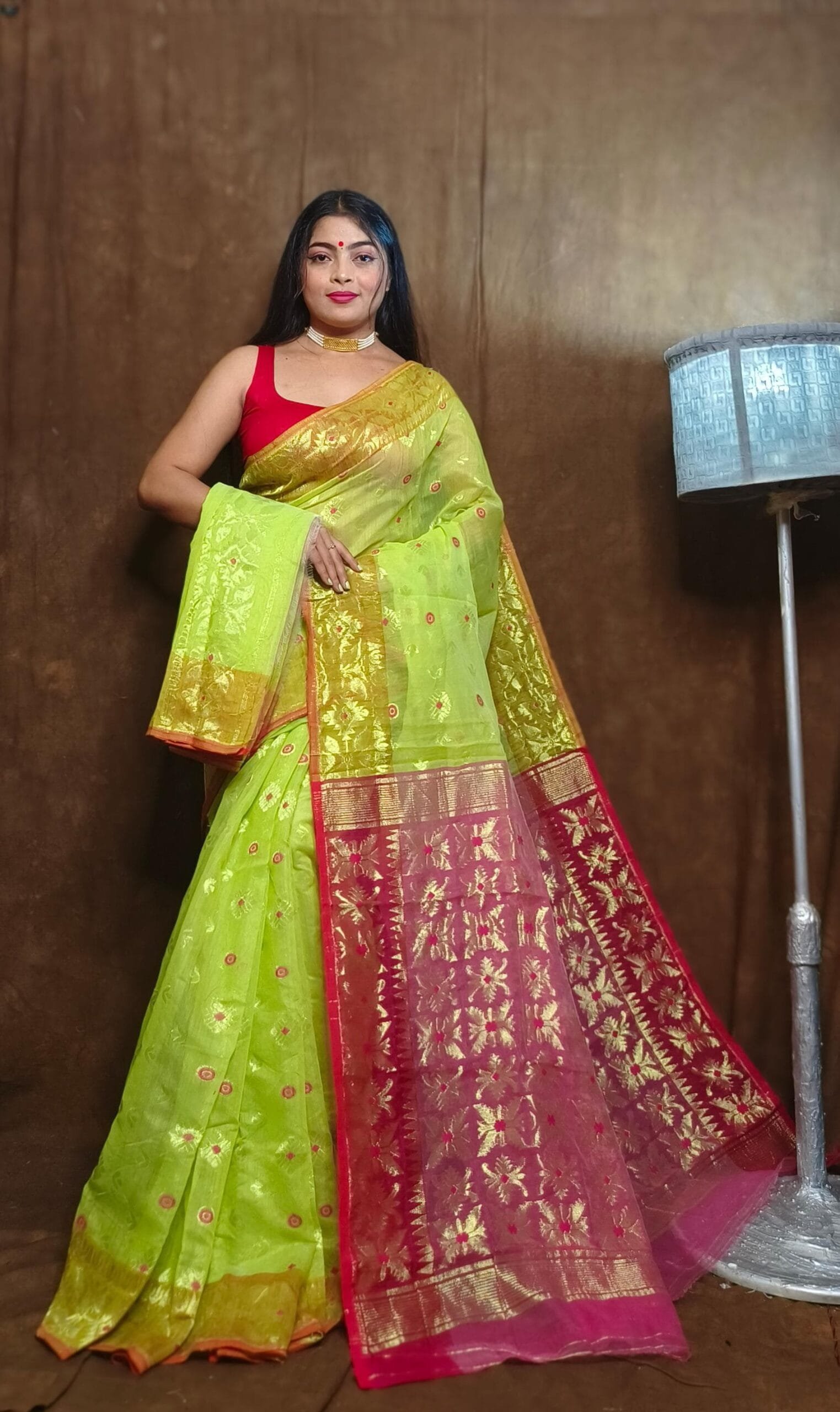 Avocado Green Soft Copper Joriwork Dhakai Jamdani Saree 2 Avocado Green Soft Copper Joriwork Dhakai Jamdani Saree - Image 2
