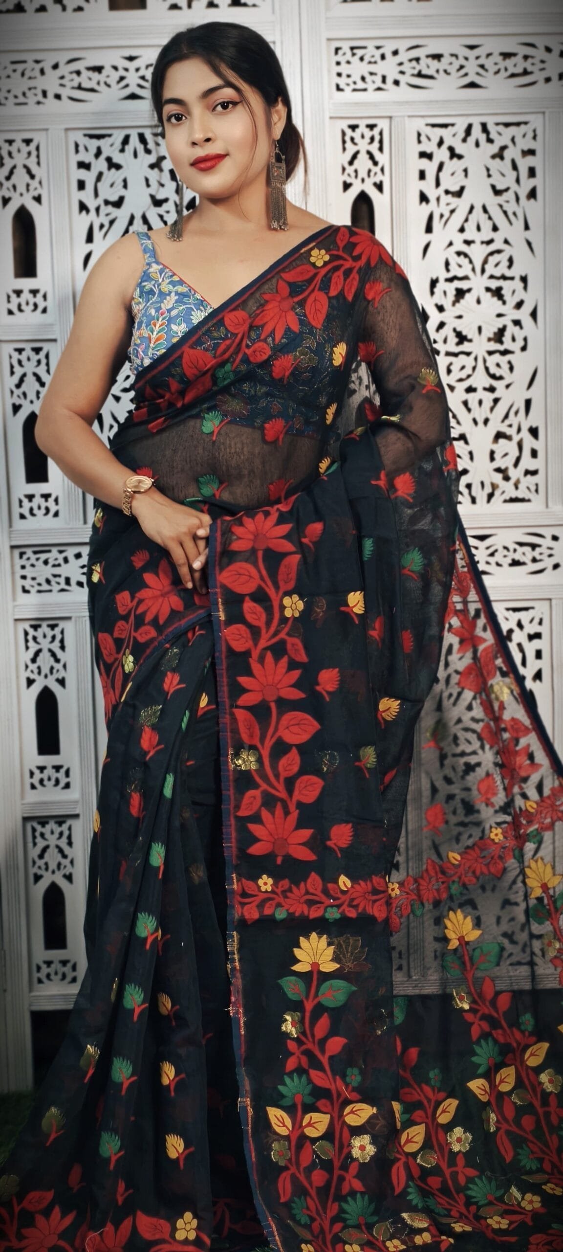 Black Red Soft Lota Jamdani Saree 4 Black Red Soft Lota Jamdani Saree - Image 4