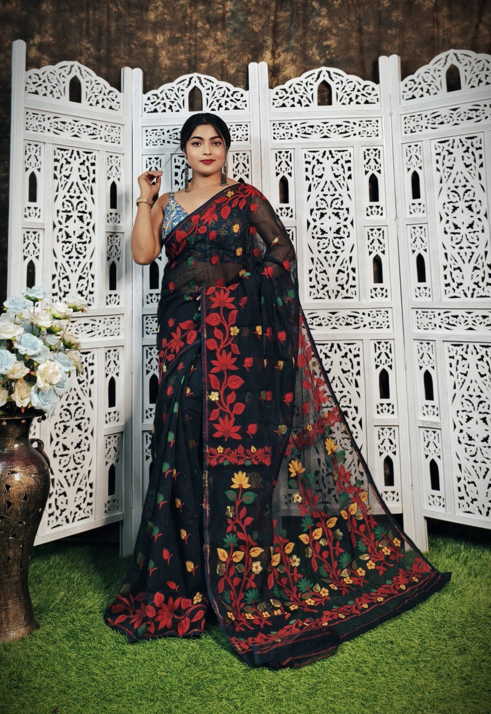 Black Red Soft Lota Jamdani Saree 1 Black Red Soft Lota Jamdani Saree