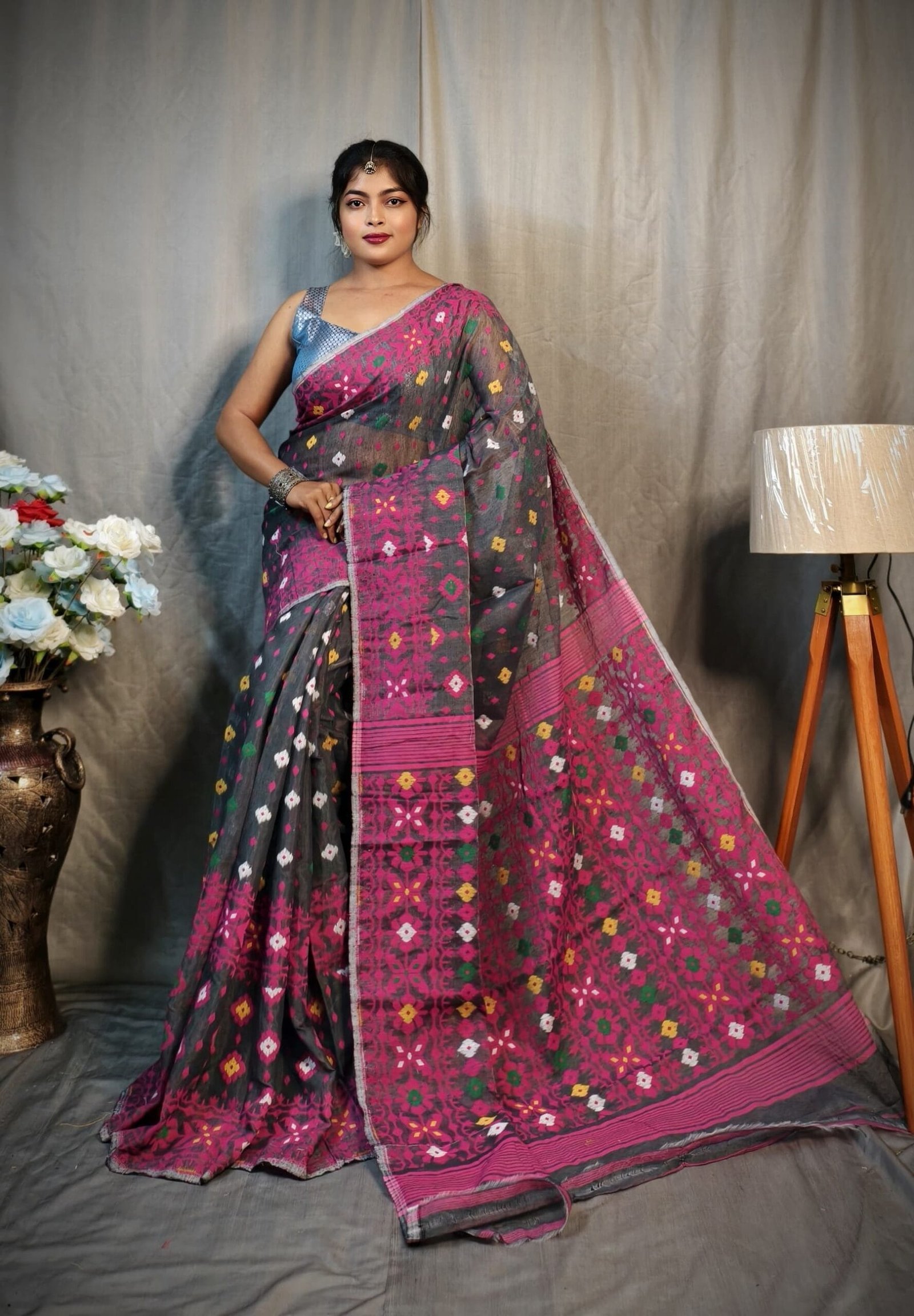 Cloudy Grey Soft Dhakai Jamdani Saree 1 Cloudy Grey Soft Dhakai Jamdani Saree