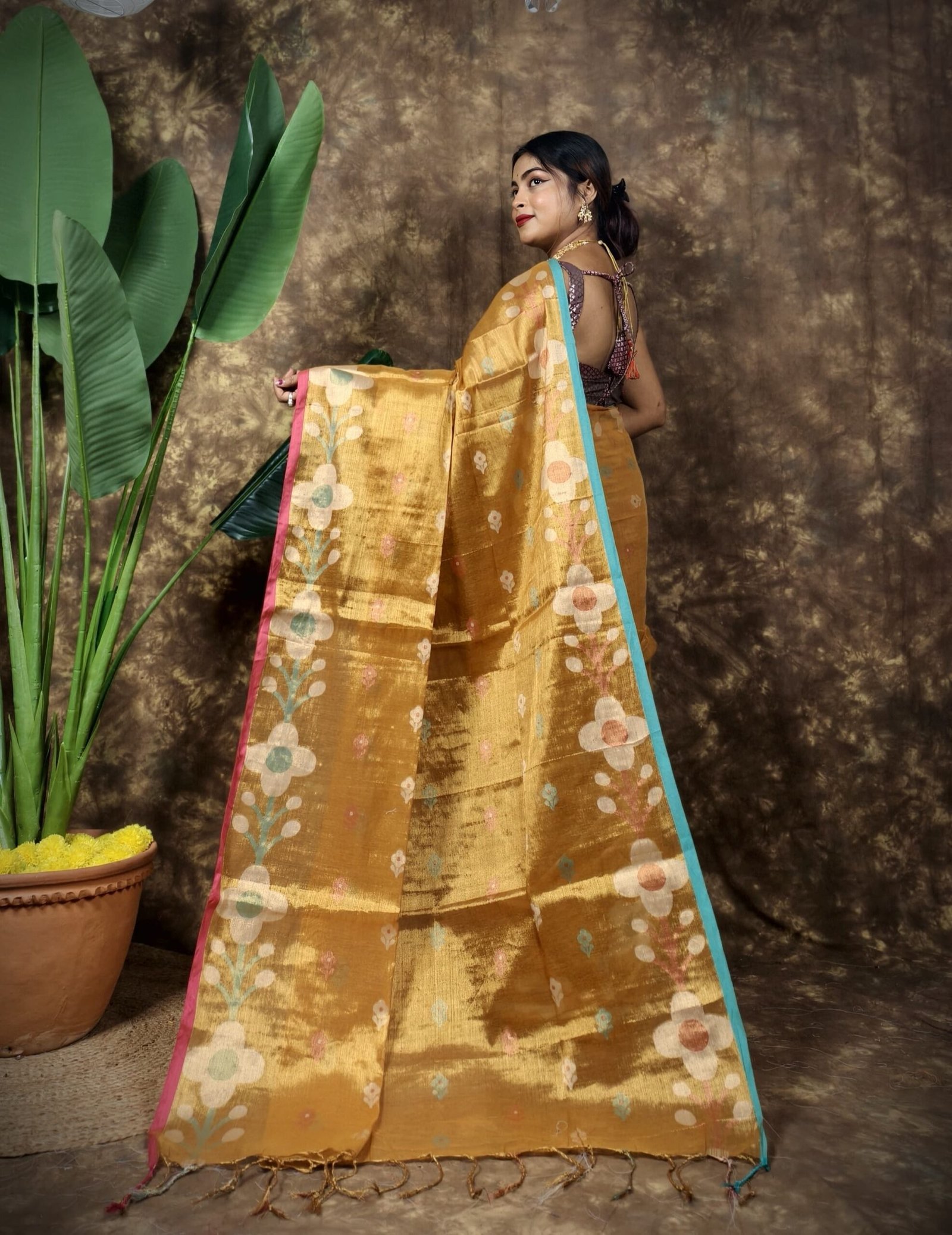 Sunflower Design Soft Dual Tone Tissue Sari - With Blouse Piece 3 Sunflower Design Soft Dual Tone Tissue Sari - With Blouse Piece - Image 3