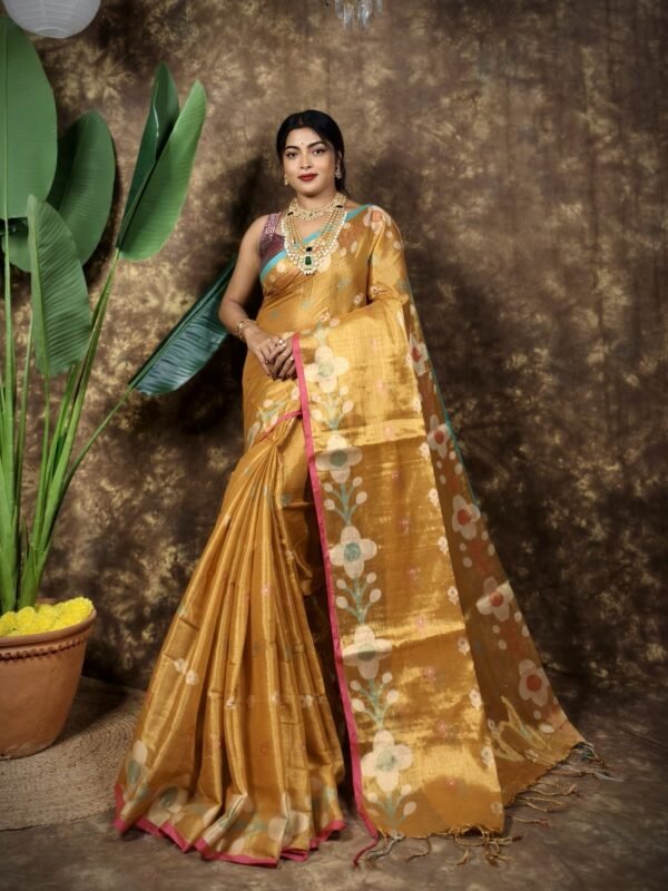 Sunflower Design Soft Dual Tone Tissue Sari - With Blouse Piece