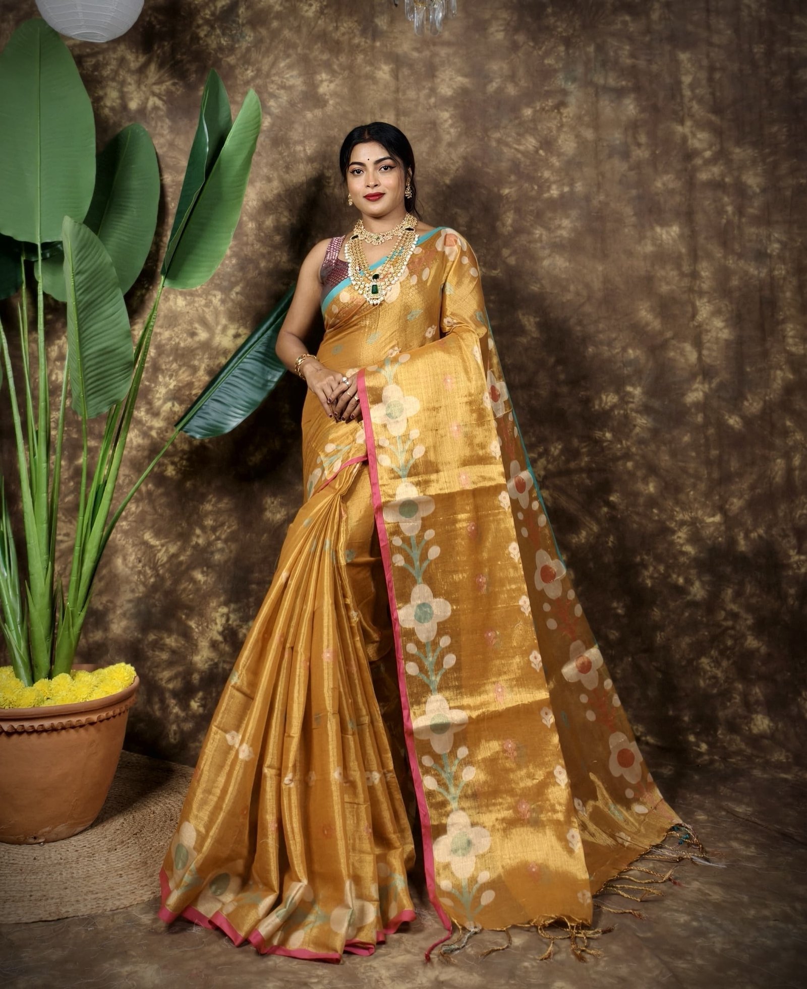 Sunflower Design Soft Dual Tone Tissue Sari - With Blouse Piece 1 Sunflower Design Soft Dual Tone Tissue Sari - With Blouse Piece