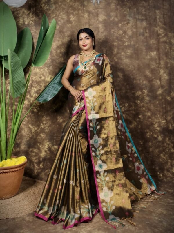 Sunflower Design Soft Dual Tone Tissue Sari - With Blouse Piece