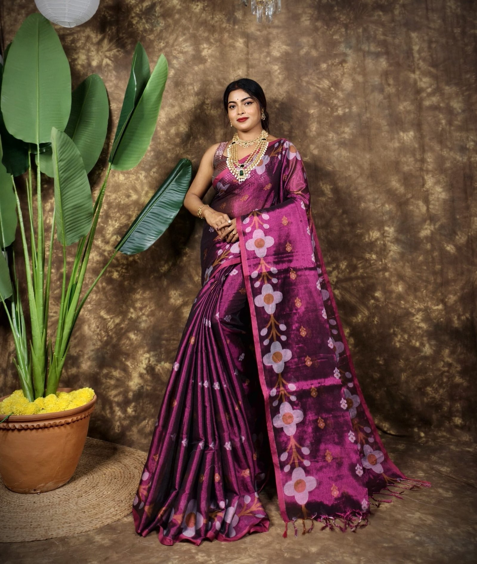 Sunflower Design Soft Dual Tone Tissue Sari - With Blouse Piece 1 Sunflower Design Soft Dual Tone Tissue Sari - With Blouse Piece