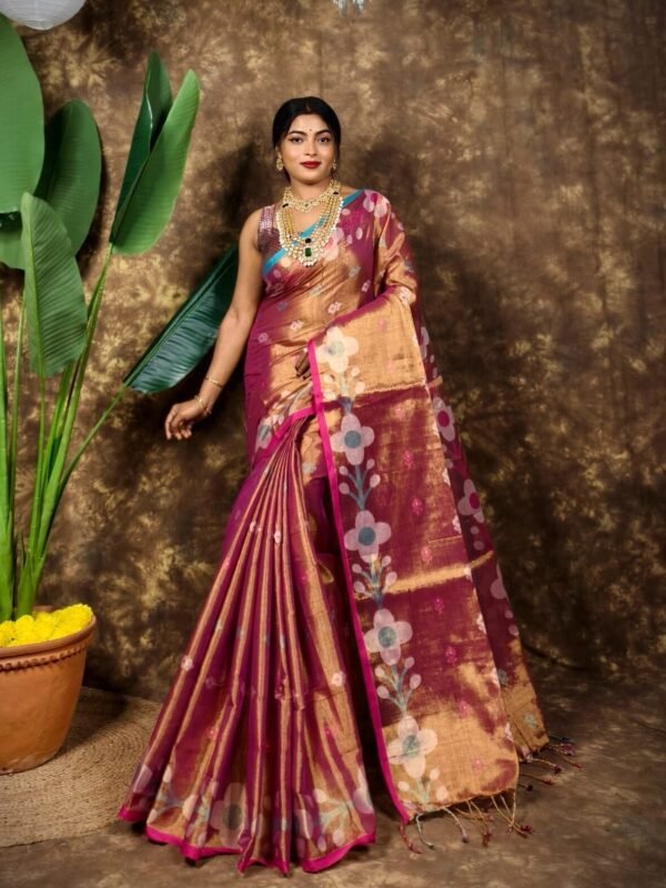 Sunflower Design Soft Dual Tone Tissue Sari - With Blouse Piece