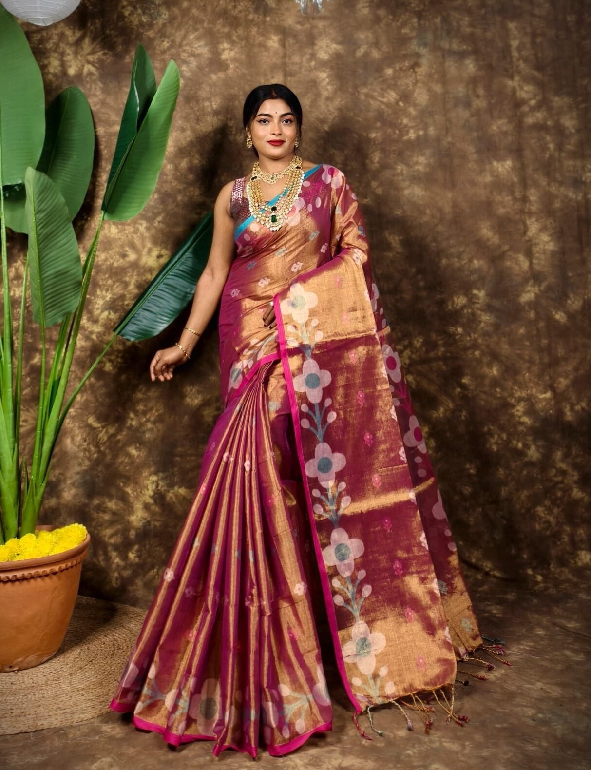 Sunflower Design Soft Dual Tone Tissue Sari - With Blouse Piece 1 Sunflower Design Soft Dual Tone Tissue Sari - With Blouse Piece