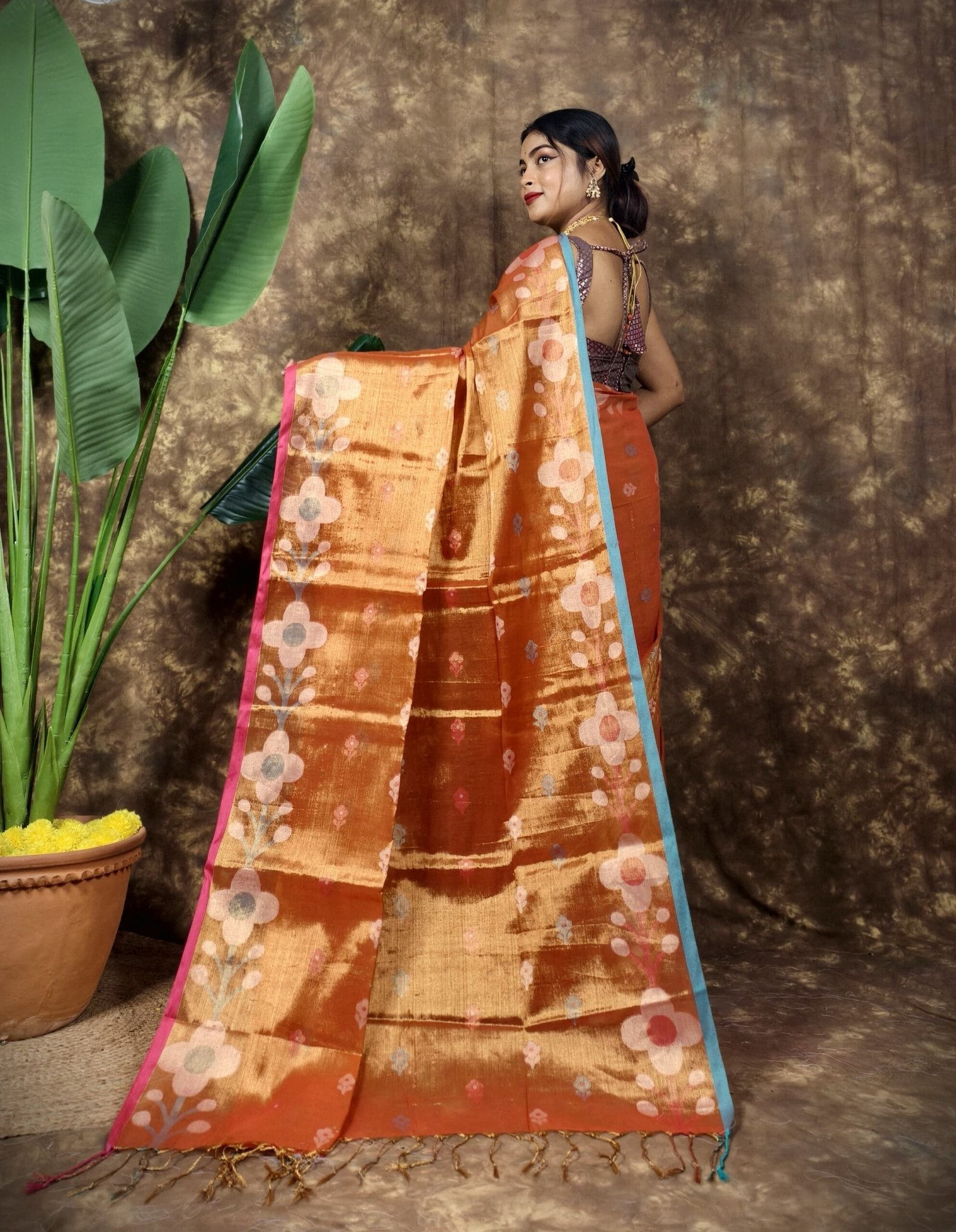 Sunflower Design Soft Dual Tone Tissue Sari - With Blouse Piece 2 Sunflower Design Soft Dual Tone Tissue Sari - With Blouse Piece - Image 2