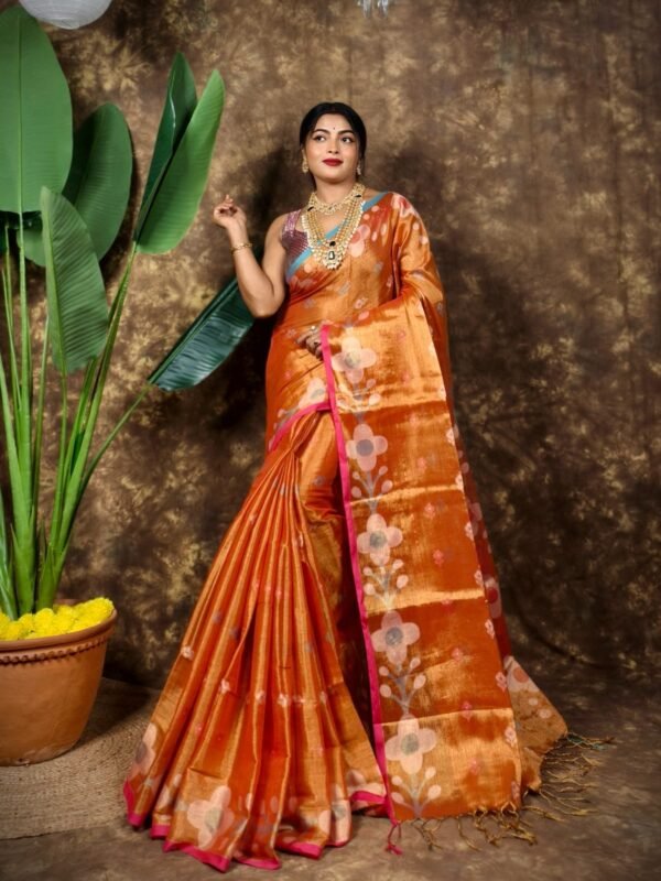 Sunflower Design Soft Dual Tone Tissue Sari - With Blouse Piece