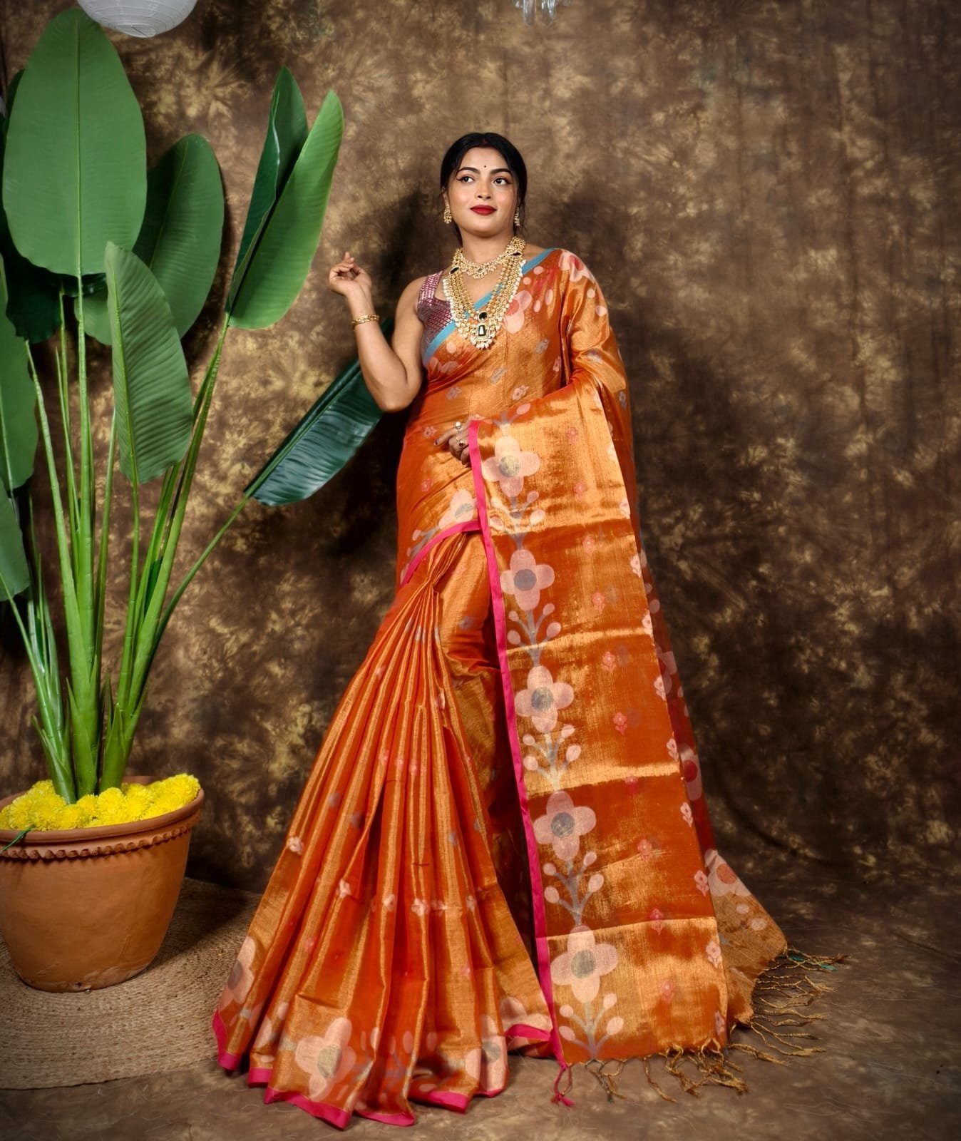 Sunflower Design Soft Dual Tone Tissue Sari - With Blouse Piece 1 Sunflower Design Soft Dual Tone Tissue Sari - With Blouse Piece