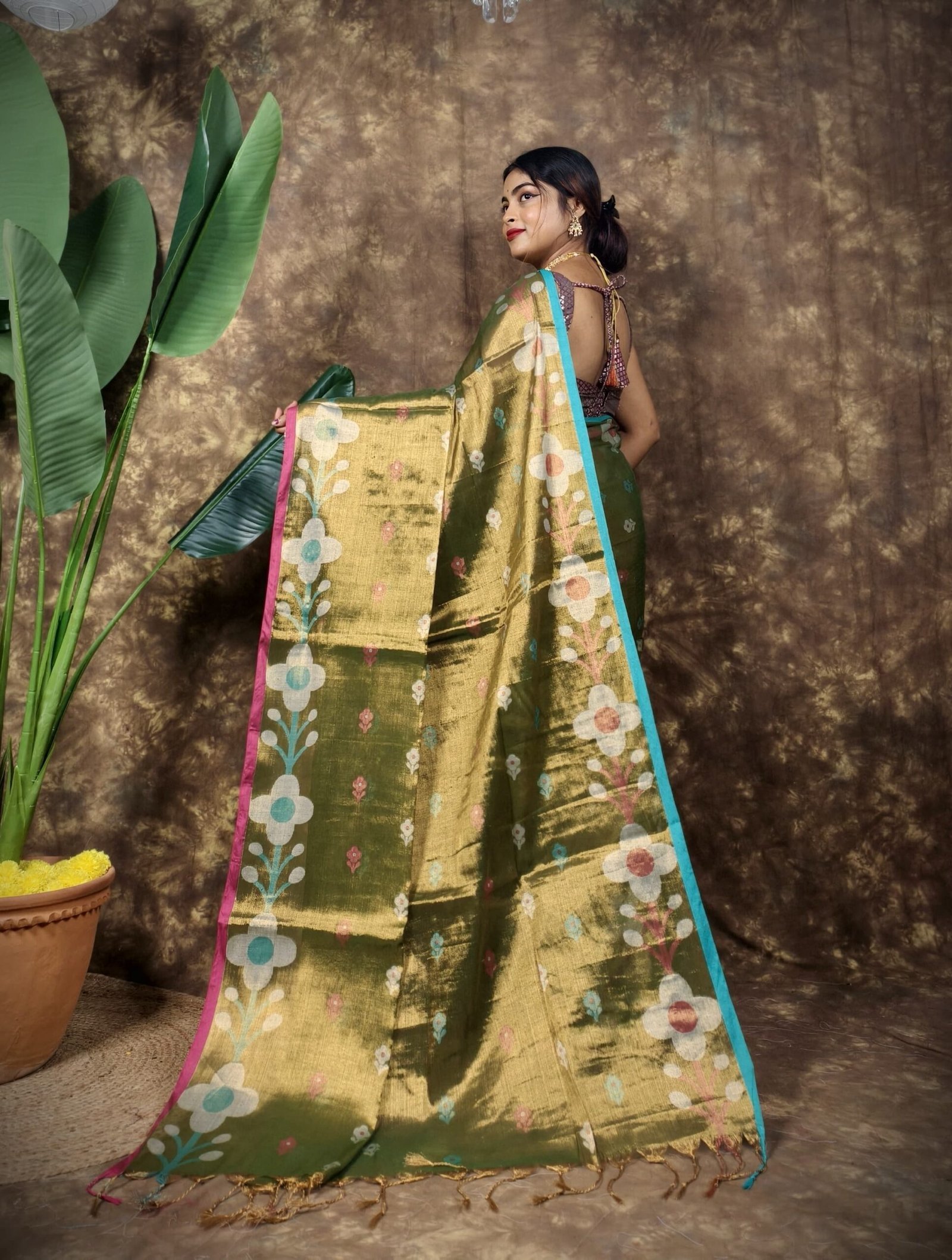 Sunflower Design Soft Dual Tone Tissue Sari - With Blouse Piece 3 Sunflower Design Soft Dual Tone Tissue Sari - With Blouse Piece - Image 3
