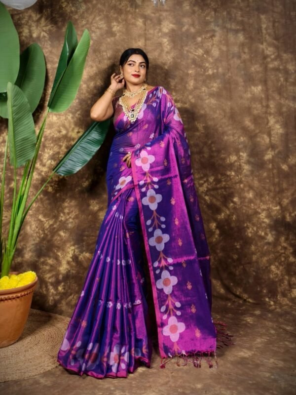 Sunflower Design Soft Dual Tone Tissue Sari - With Blouse Piece
