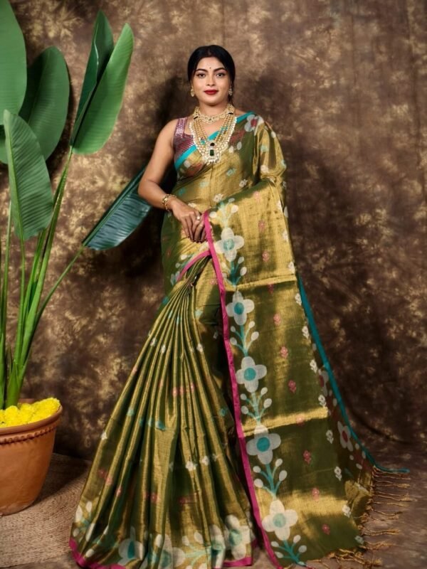 Sunflower Design Soft Dual Tone Tissue Sari - With Blouse Piece