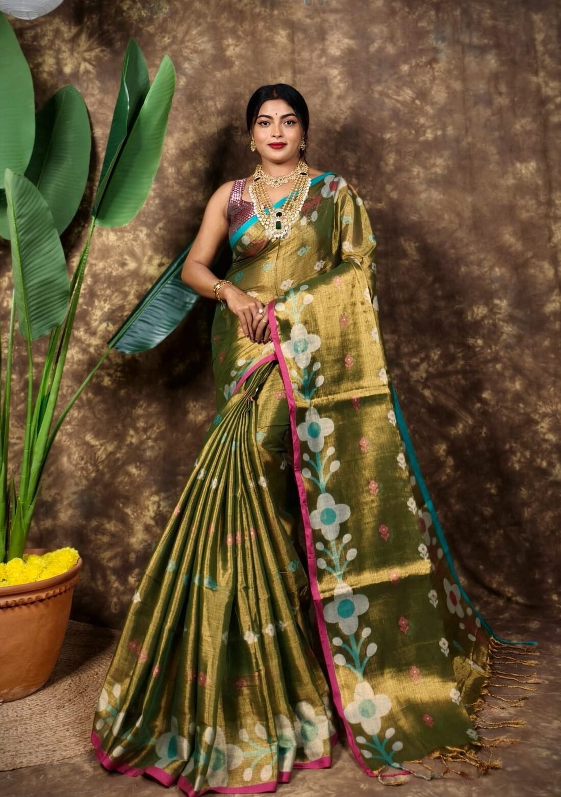 Sunflower Design Soft Dual Tone Tissue Sari - With Blouse Piece 1 Sunflower Design Soft Dual Tone Tissue Sari - With Blouse Piece