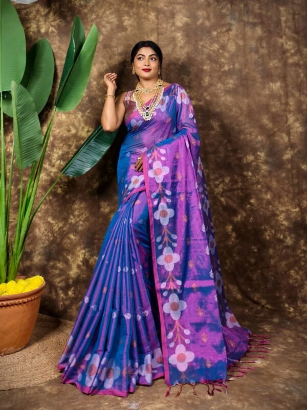 Sunflower Design Soft Dual Tone Tissue Sari - With Blouse Piece