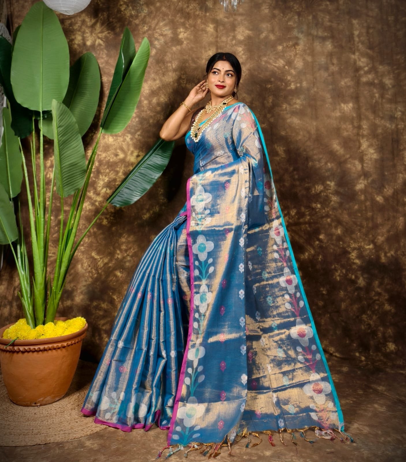 Sunflower Design Soft Dual Tone Tissue Sari - With Blouse Piece 3 Sunflower Design Soft Dual Tone Tissue Sari - With Blouse Piece - Image 3