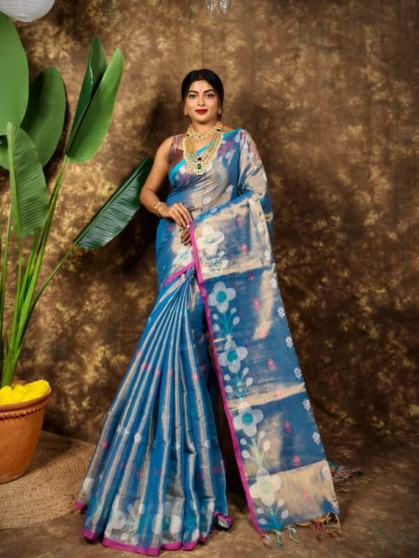 Sunflower Design Soft Dual Tone Tissue Sari - With Blouse Piece