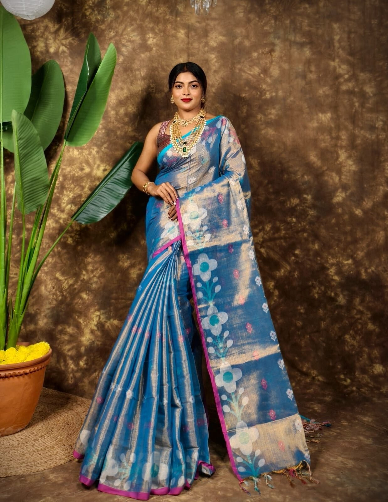 Sunflower Design Soft Dual Tone Tissue Sari - With Blouse Piece 1 Sunflower Design Soft Dual Tone Tissue Sari - With Blouse Piece